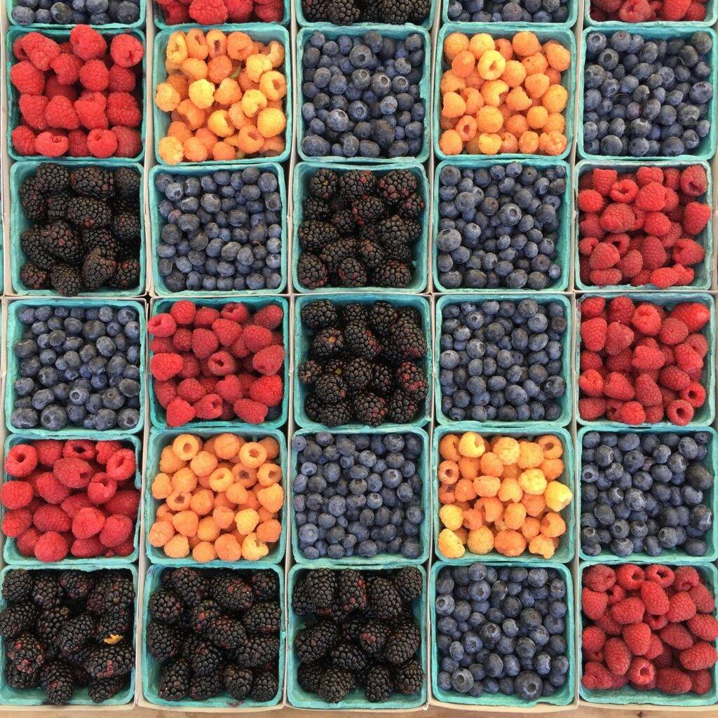 A colorful assortment of fresh summer produce—corn, peaches, tomatoes, zucchini, and berries—neatly arranged on a light wood table. The image conveys freshness, seasonality, and abundance.