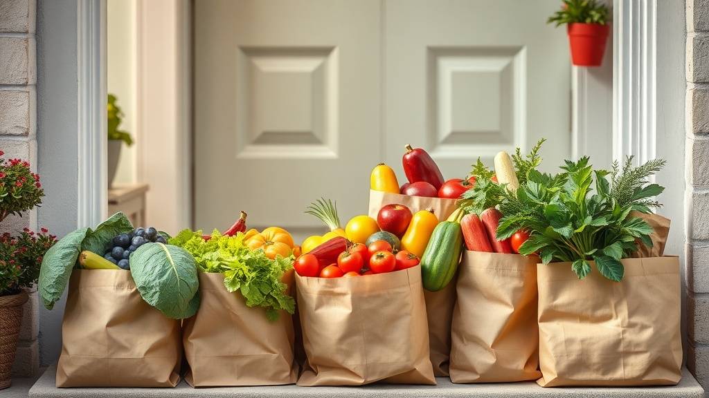A front porch with a welcome mat, reusable grocery bags neatly arranged, and a checklist clipped to one bag. The image suggests preparation, care, and smooth delivery.
